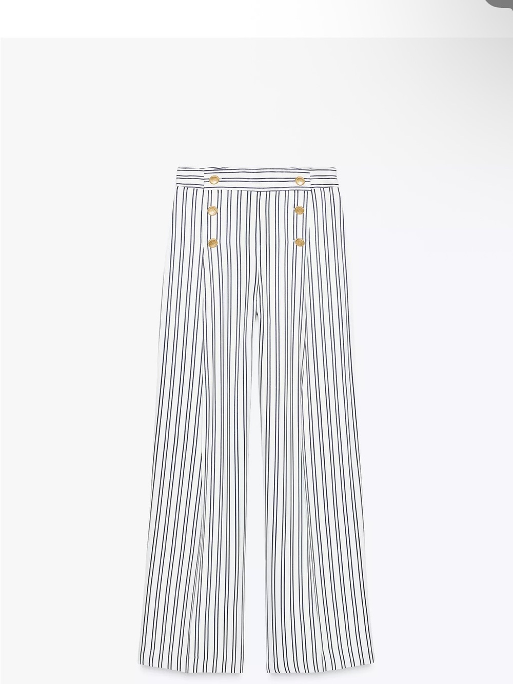 Zara White Vertical-Stripe Wide-Leg Pants with Gold Buttons